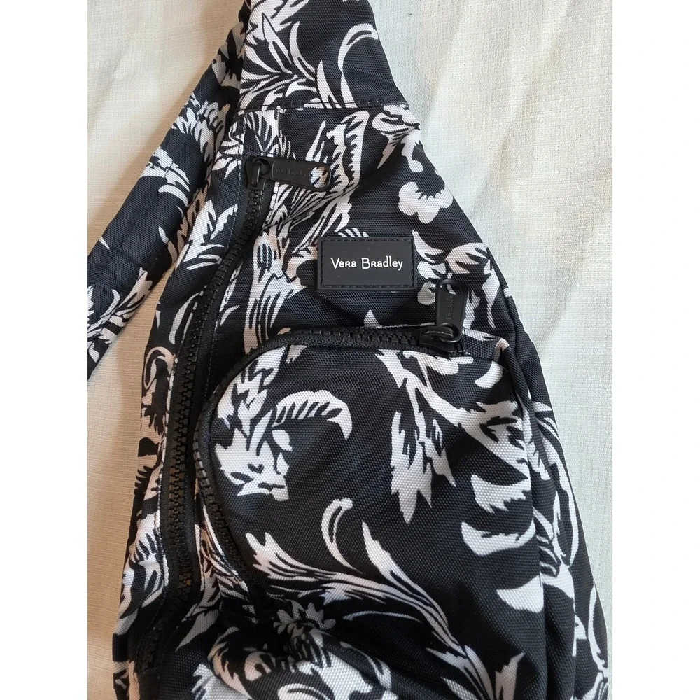 Vera Bradley Reactive Sling Backpack Black White Floral Tropical Crossbody Bag